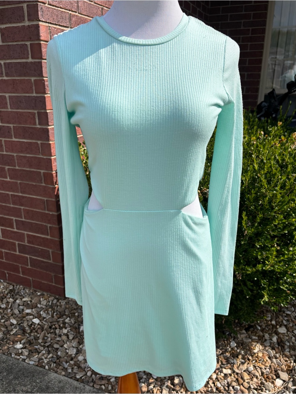AFRM Mint Ribbed Long-Sleeve Mini Dress with Waist Cutouts